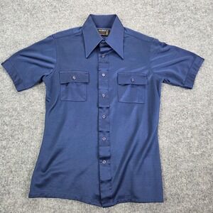 Vintage JC Penny Shirt Men Medium Navy Blue Short Sleeve Dagger Collar Disco 70s
